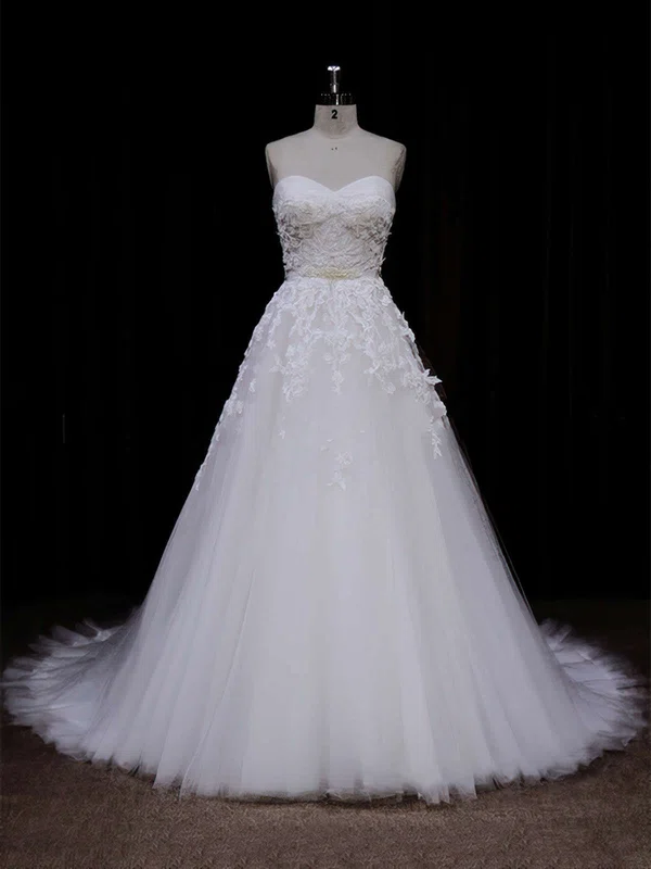 Ball Gown Sweetheart Tulle Chapel Train Wedding Dresses With Appliques Lace #UKM00021849