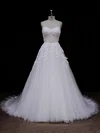 Ball Gown Sweetheart Tulle Chapel Train Wedding Dresses With Appliques Lace #UKM00021849
