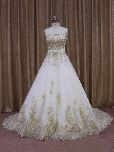 Court Train Tulle Appliques Lace Ivory Strapless Newest Wedding Dresses #UKM00021854