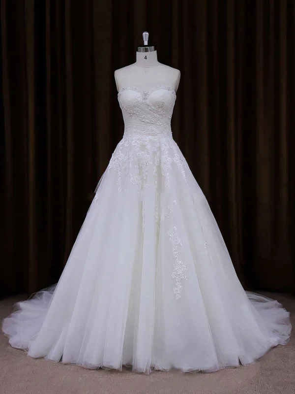Ball Gown Sweetheart Tulle Court Train Wedding Dresses With Appliques Lace #UKM00021855