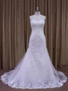 Trumpet/Mermaid Sweetheart Tulle Watteau Train Wedding Dresses With Appliques Lace #UKM00021874