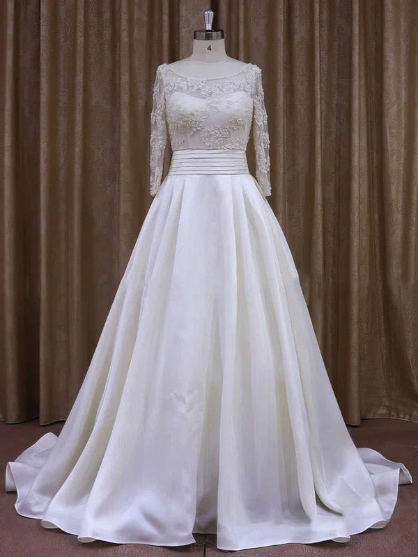 Ball Gown Illusion Taffeta Court Train Wedding Dresses With Appliques Lace #UKM00021877