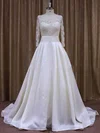 Nice Scoop Neck Ivory Taffeta with Appliques Lace Long Sleeve Wedding Dress #UKM00021877