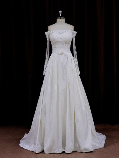 Long Sleeve Off-the-shoulder Simple Taffeta Appliques Lace Ivory Wedding Dresses #UKM00021883