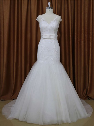 White V-neck Tulle Appliques Lace Cap Straps Trumpet/Mermaid Wedding Dresses #UKM00021899