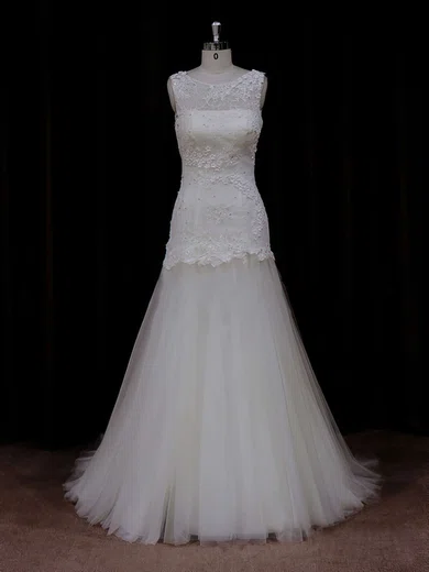 Trumpet/Mermaid Illusion Tulle Sweep Train Wedding Dresses With Appliques Lace #UKM00021924