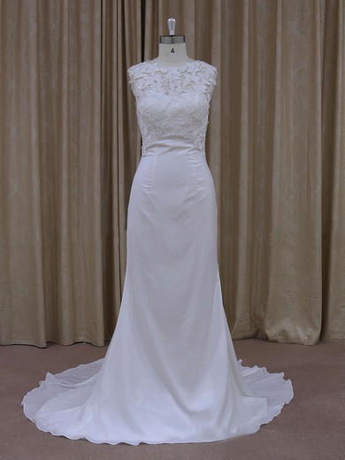 Lace Chiffon Covered Button Ivory Scoop Neck Modest Sheath/Column Wedding Dress #UKM00021942