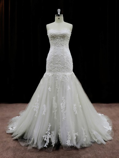 Trumpet/Mermaid Sweetheart Tulle Chapel Train Wedding Dresses With Appliques Lace #UKM00021959