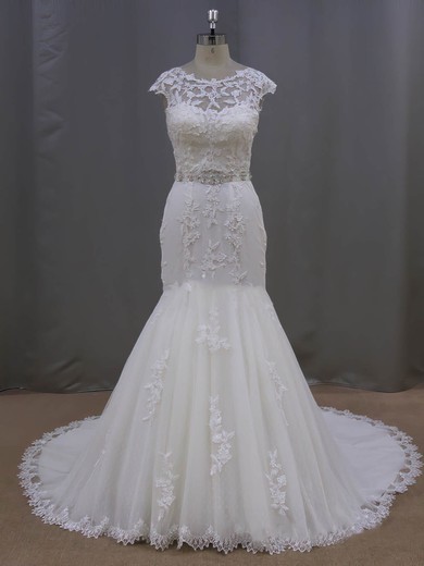 Scoop Neck Ivory Tulle with Appliques Lace Trumpet/Mermaid Cap Straps Wedding Dress #UKM00021962