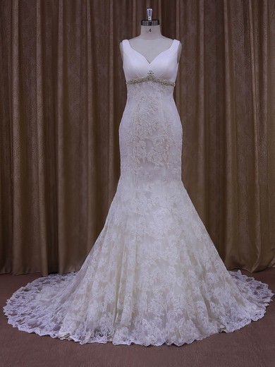 Trumpet/Mermaid V-neck Ivory Lace Tulle Appliques Lace Designer Wedding Dress #UKM00021964