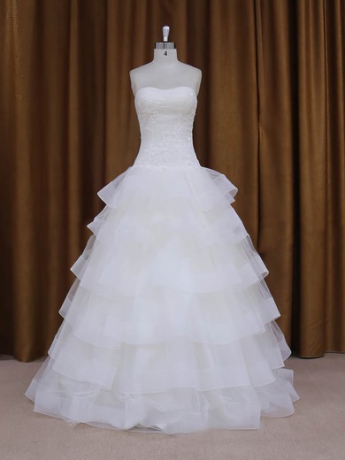Floor-length Wholesale Tulle Appliques Lace Sweetheart White Wedding Dress #UKM00021980
