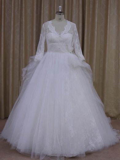 Ivory V-neck Tulle Appliques Lace Long Sleeve Ball Gown Wedding Dress #UKM00021982