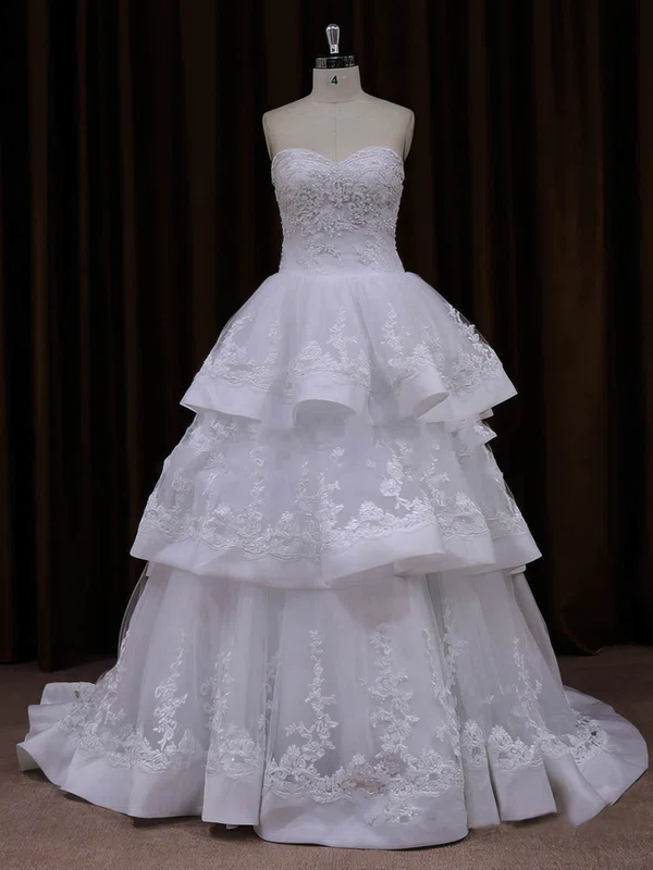 Ball Gown Sweetheart Tulle Sweep Train Wedding Dresses With Tiered #UKM00021990
