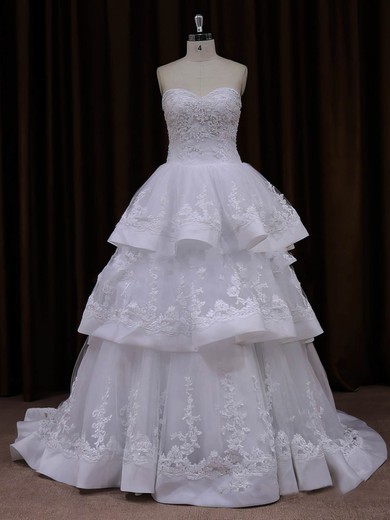 Beautiful Princess Tulle Appliques Lace Sweetheart Ivory Wedding Dresses #UKM00021990