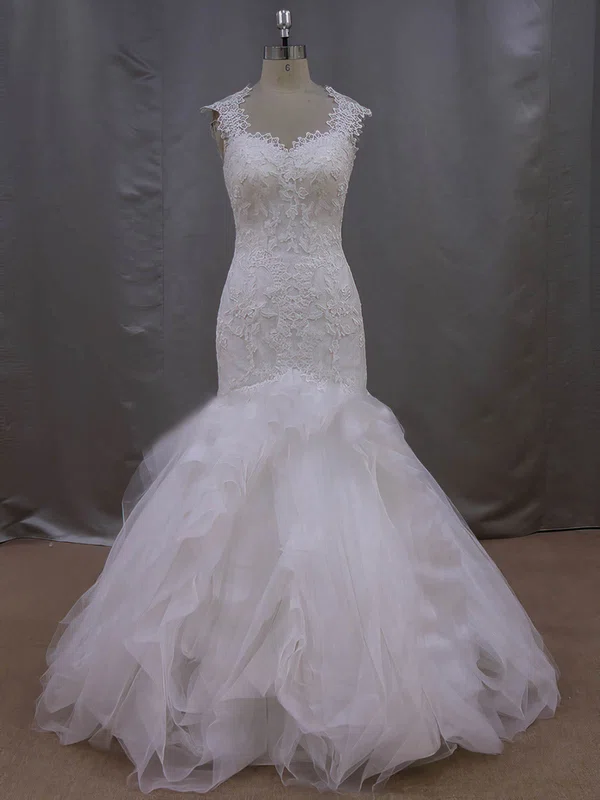 Trumpet/Mermaid Sweetheart Tulle Sweep Train Wedding Dresses With Cascading Ruffles #UKM00021993