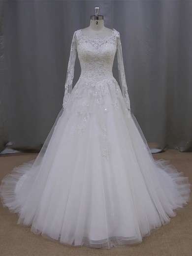 Ball Gown Illusion Tulle Sweep Train Wedding Dresses With Beading #UKM00021996