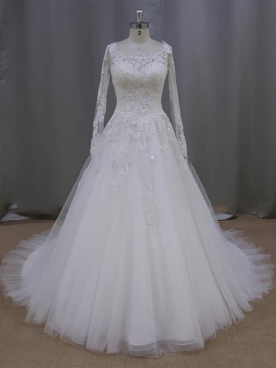 Scoop Neck Ivory Tulle Beading Long Sleeve Appliques Lace Wedding Dress #UKM00021996