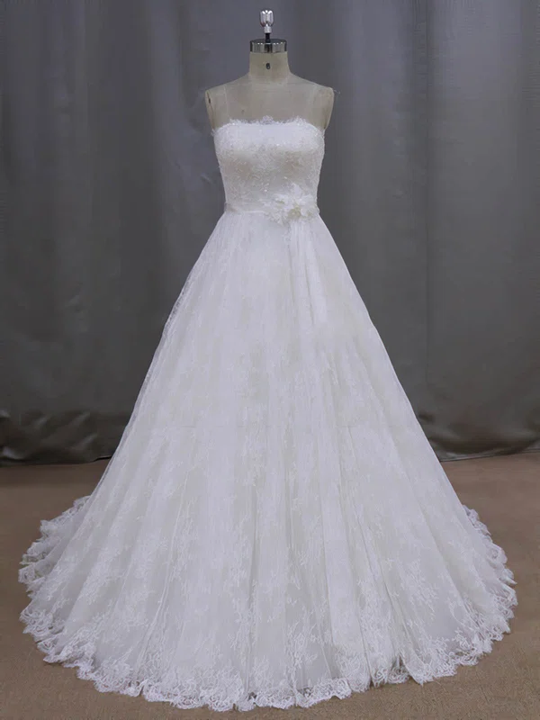 Ball Gown Straight Lace Sweep Train Wedding Dresses With Sashes / Ribbons #UKM00021997