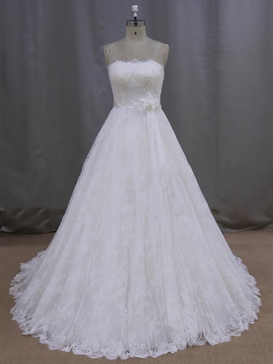 Ivory Strapless Lace Sashes / Ribbons Lace-up Court Train Wedding Dresses #UKM00021997