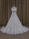 Ball Gown Sweetheart Tulle Chapel Train Wedding Dresses With Appliques Lace #UKM00022000