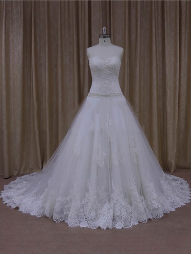 Gorgeous Sweetheart Appliques Lace Court Train White Tulle Wedding Dresses #UKM00022001