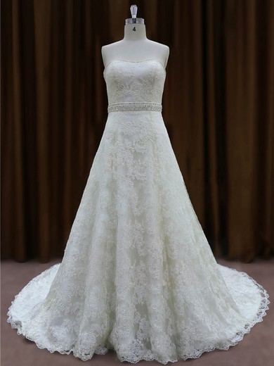 Ball Gown Sweetheart Lace Sweep Train Wedding Dresses With Beading #UKM00022002