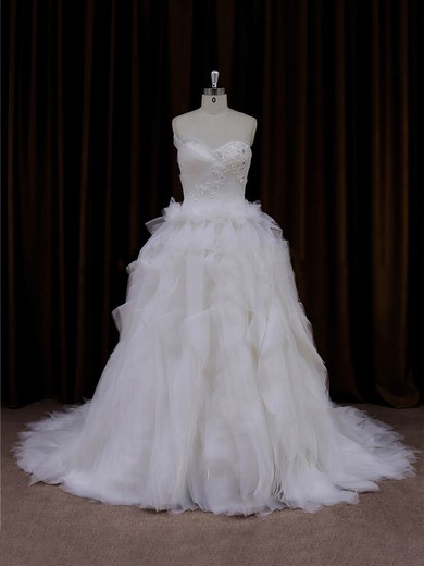 Princess Tulle Cascading Ruffles Ivory Lace-up Sweetheart Wedding Dresses #UKM00022003