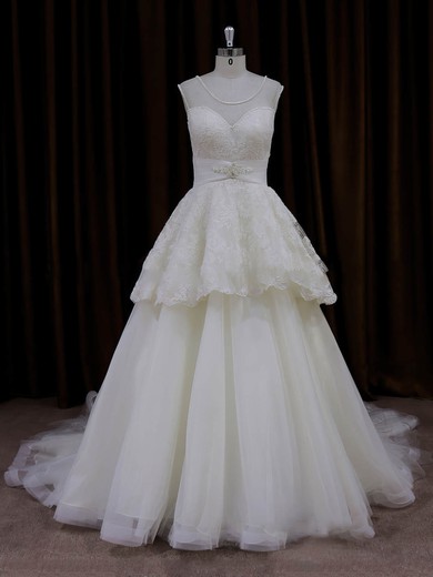 Cheap Scoop Neck Ivory Lace Tulle Beading Princess Wedding Dress #UKM00022004