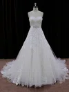 Ball Gown Sweetheart Tulle Chapel Train Wedding Dresses With Appliques Lace #UKM00022007