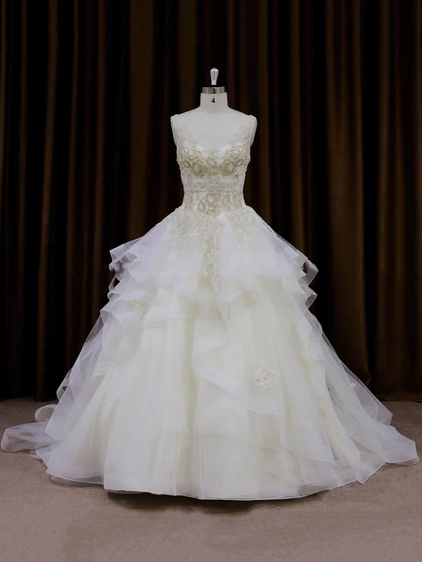 Ball Gown V-neck Organza Chapel Train Wedding Dresses With Cascading Ruffles #UKM00022009