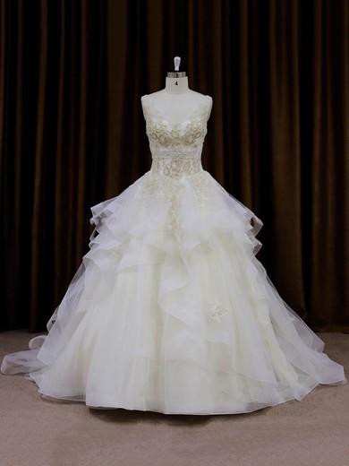 V-neck Ivory Organza Lace-up Appliques Lace Princess Wedding Dresses #UKM00022009