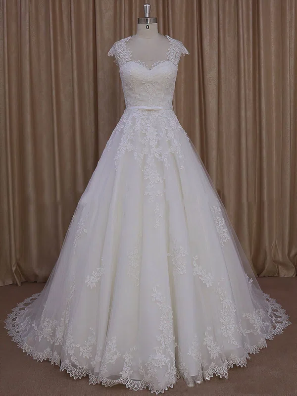 Ball Gown Sweetheart Tulle Court Train Wedding Dresses With Sashes / Ribbons #UKM00022010