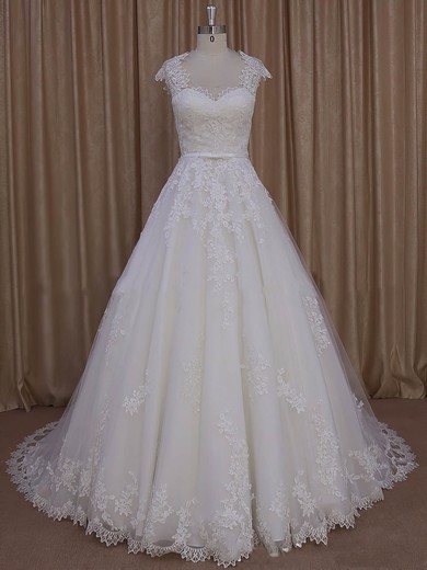 Sweetheart Ivory Tulle Cap Straps Appliques Lace Court Train Wedding Dress #UKM00022010
