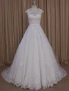 Ball Gown Sweetheart Tulle Court Train Wedding Dresses With Sashes / Ribbons #UKM00022010