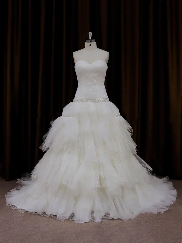 Ball Gown Sweetheart Tulle Chapel Train Wedding Dresses With Tiered #UKM00022011