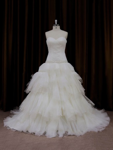 Princess Tulle Tiered Lace-up Chapel Train Ivory Wedding Dresses #UKM00022011