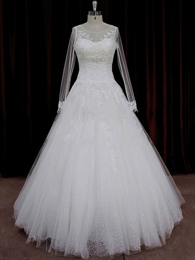 A-line Appliques Lace Ivory Tulle Long Sleeve Chapel Train Wedding Dresses #UKM00022018