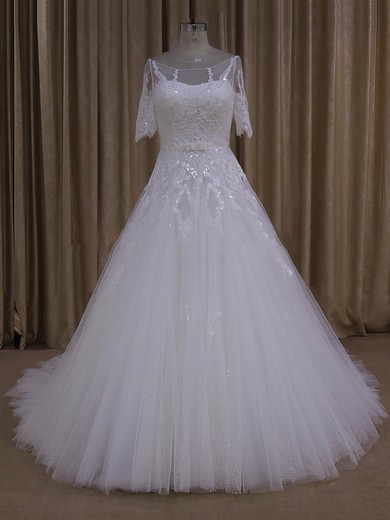 Court Train Ivory Tulle Appliques Lace 1/2 Sleeve Scoop Neck Wedding Dresses #UKM00022019