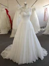 Ball Gown Illusion Chiffon Sweep Train Wedding Dresses With Appliques Lace #UKM00022024