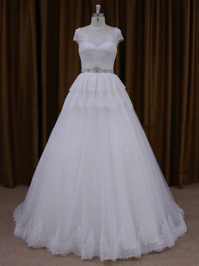 Court Train White Lace Tulle Beading Cap Straps A-line Wedding Dresses #UKM00022025