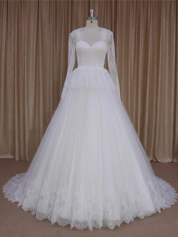 Ball Gown V-neck Tulle Court Train Wedding Dresses With Tiered #UKM00022027