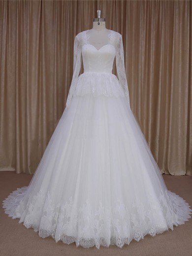 V-neck Appliques Lace Court Train Long Sleeve Ivory Lace Tulle Wedding Dresses #UKM00022027