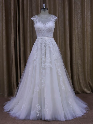 Ball Gown Illusion Tulle Sweep Train Wedding Dresses With Appliques Lace #UKM00022028