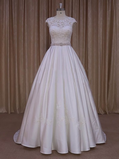 Ball Gown Illusion Satin Sweep Train Wedding Dresses With Sashes / Ribbons #UKM00022031