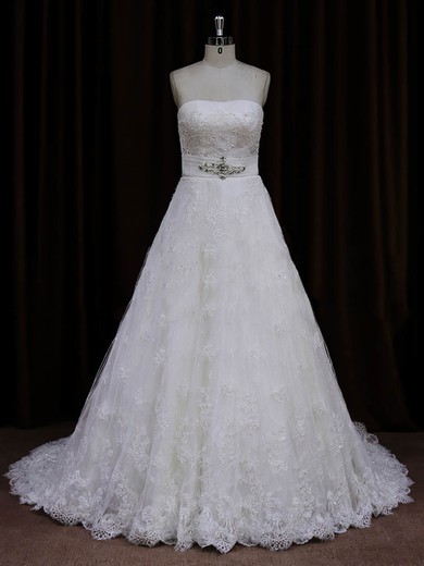 Ball Gown Straight Lace Sweep Train Wedding Dresses With Sashes / Ribbons #UKM00022032