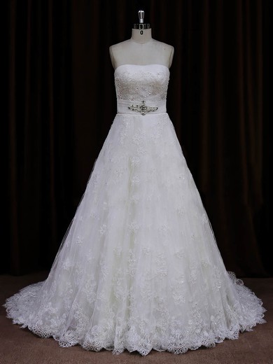 Ivory Lace Sashes/Ribbons Sweep Train Vintage Strapless Wedding Dresses #UKM00022032