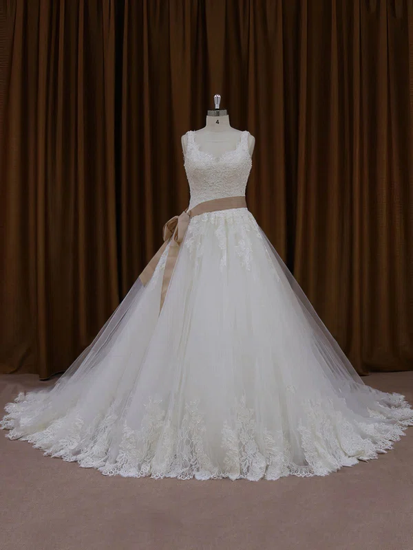 Ball Gown Sweetheart Tulle Chapel Train Wedding Dresses With Sashes / Ribbons #UKM00022035