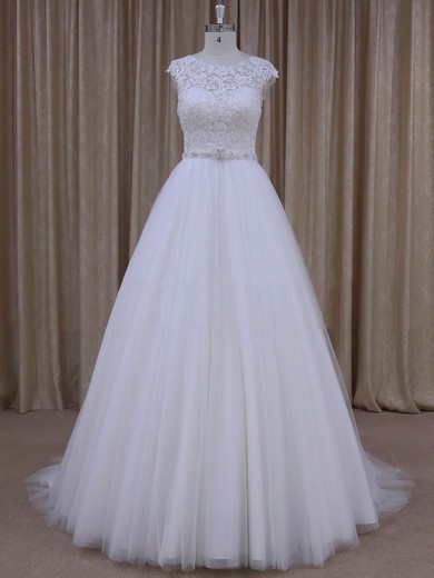 Open Back Scoop Neck Tulle Appliques Lace Cap Straps White Wedding Dresses #UKM00022036