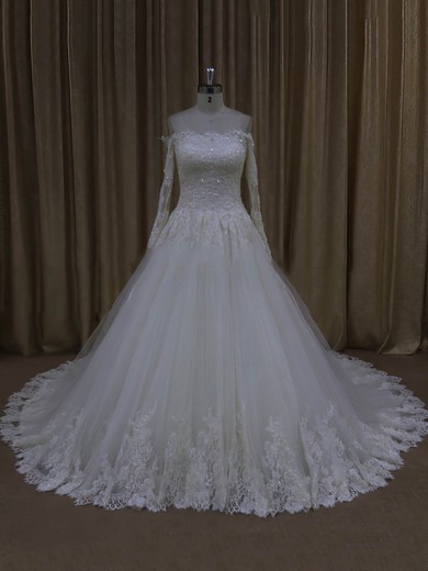 Elegant Off-the-shoulder Ivory Tulle Appliques Lace Long Sleeve Wedding Dresses #UKM00022037