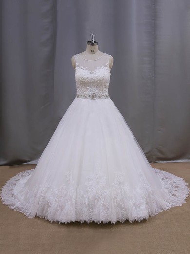 Beautiful Ivory Scoop Neck Tulle Appliques Lace Ball Gown Wedding Dresses #UKM00022038